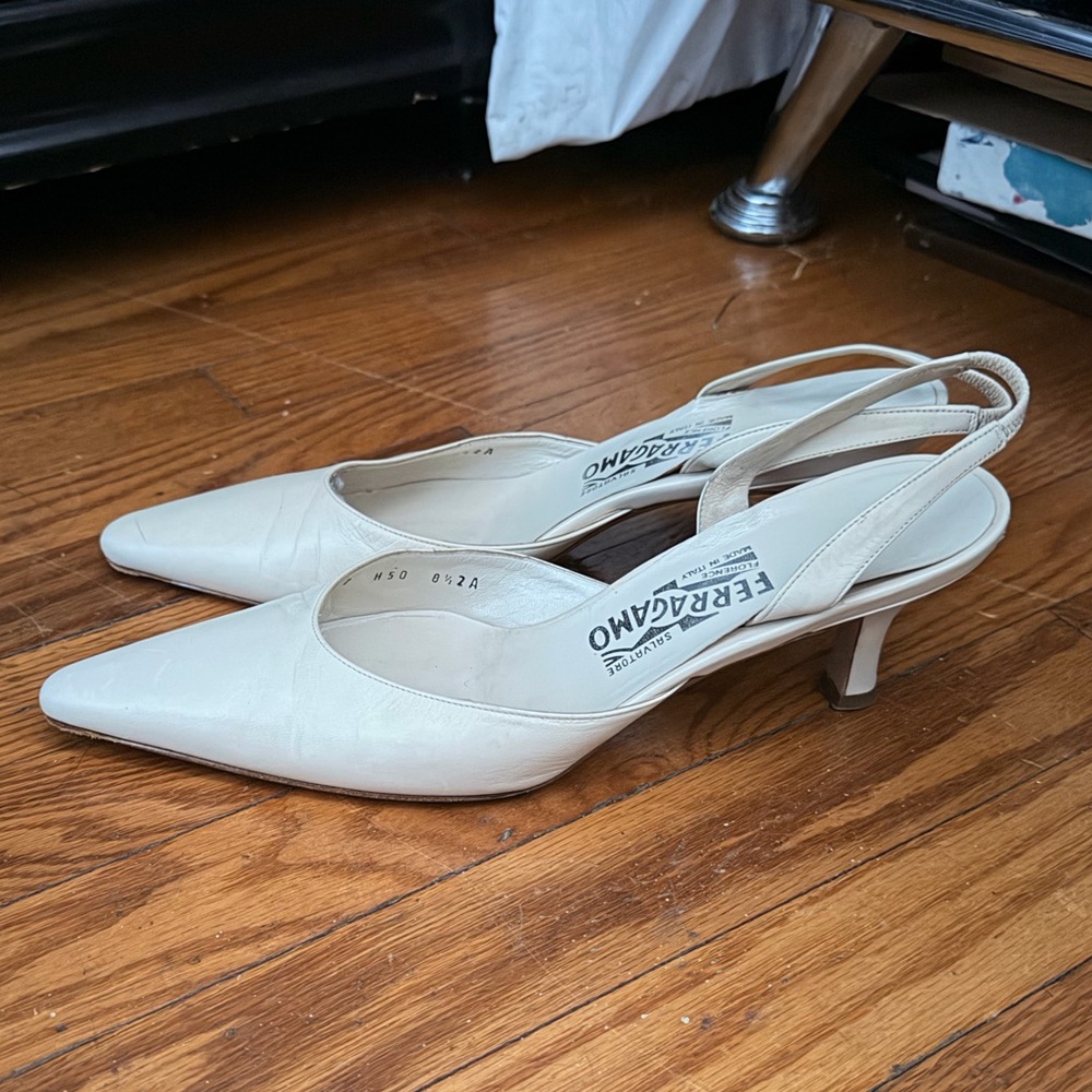 Salvatore Ferragamo Cream Pointed-Toe Slingback Kitten Heels
